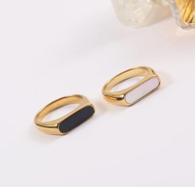 China Vintage/Minimalist 18K Gold Plated Stainless Steel Rings Black Enamel And White Shell Ring Designs For Women for sale