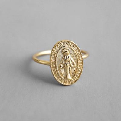 China Minimalist Jewelry Vintage Virgin Mary Silver 925 Sterling Silver Jewelry Gold Plated Coin Ring for sale