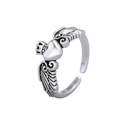 China 2021 Trendy Rings Women Durable Vintage Crown Angel Wings Heart Adjustable Ring for sale