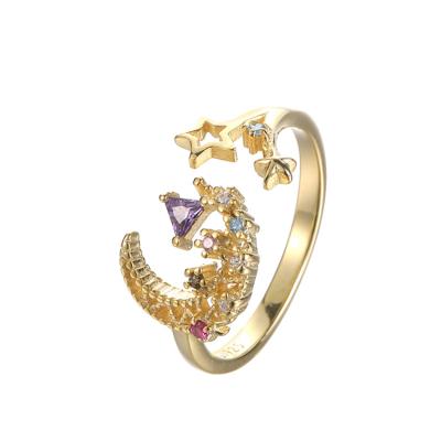 China New Arrival FASHIONABLE Gold Plated Moon Star Colorful Zircon 925 Sterling Silver Open Adjustable Ring For Women for sale