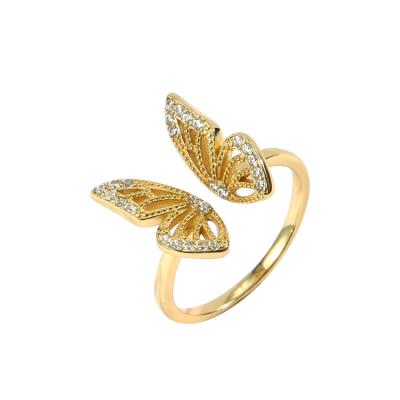 China Hot Selling Nickel Free Gold 925 Sterling Silver Butterfly Zircon Adjustable Open Ring For Women for sale