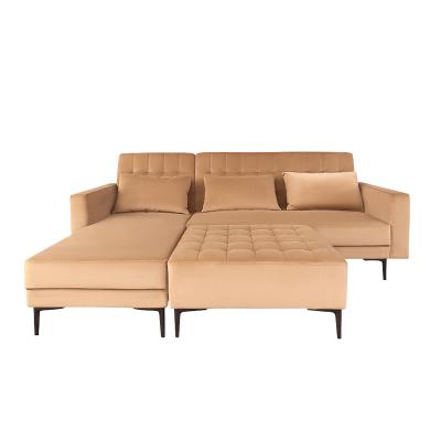 China Convertible L Shaped Sofa Set Luxury Furniture Tufted Camel Velvet With Wooden Legs Living Room Sofa for sale