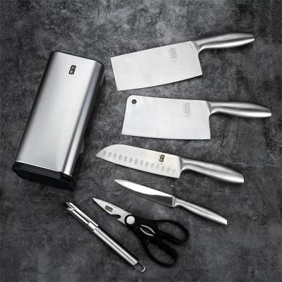 China Workable 7 Handle Stainless Steel Hollow Knife Kitchen Knife Set Peeling Chef Knives Meat Butcher Cleaver Fish Scaler Scraper for sale