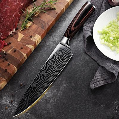 China Sustainable Drop Shipping Damascus Pattern 8 Inch Stainless Steel Chef Knife Kitchen Knife Wood Handle for sale