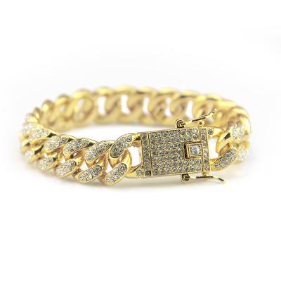 China Hiphop Men's Fashion 12MM Hip Hop Full Of Cuban Gold Rhinestone Miami Bracelet Hip Hop Style Punk Bracelet for sale