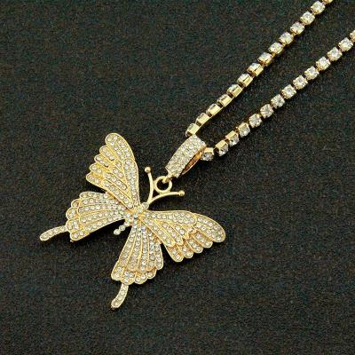 China Hiphop Hip Hop Jewelry Trend Ladies Clavicle Rhinestone Butterfly Necklace Cuban Dangle Personality Soft Tennis Necklace for sale