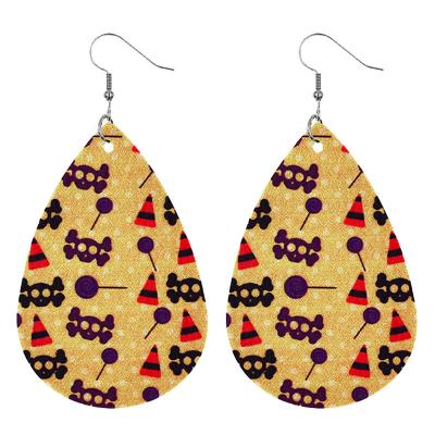 China Pu Leather Dropshipping Faux Halloween Jewelry Vintage Europe Festival Pumpkin Leather Bat Earrings Pu Leather Teardrop Print for sale