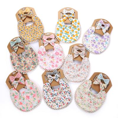 China New fashion plaid printed cotton canvas baby bib baby saliva towel double-sided headband set for sale