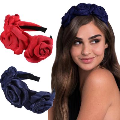 China Decorations Triple Solid Silk Hair Circle Bands Women Girls Wide Headbands Rosette Flower Bow Knot Accessories Faille Headband New Rose for sale