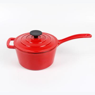 China Sustainable Red Milk Pot Mini Round Enamel Pan For Hot Pot With Long Handle for sale