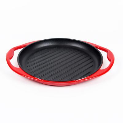 China Sustainable Sale Enamel Cast Iron Hot Grill Pan Striped Frying Pan for sale