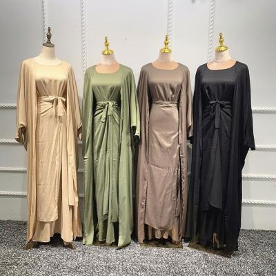 China Islamic Clothing 2022 Women Abaya 3pcs Solid Color Robe High Quality Muslim Open Cardigan Three Piece Kimono Set for sale