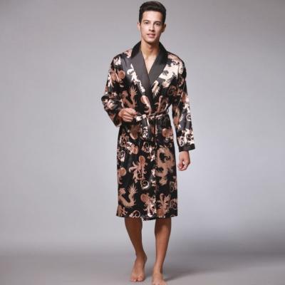 China 2022 New Men's Satin Breathable Bathing Comfortable Pajamas Vintage Print Mens Pajamas Premium Luxury Long Sleeve Robes Silk Bathrobe Loungewear for sale