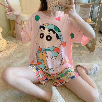 China QUICK DRY pajamas for women set milk silk shirt and shorts 2 pieces set women's sleepwear Korean style cartoon pajamas for sale