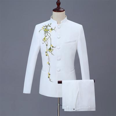 China 2022 New Anti-Wrinkle Collar Floral Comic Chinese Tunic White Embroidered Round Neck 2pcs Blazer Pants Men's Tang Suits for sale