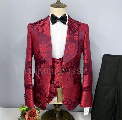 China Luxury Regular Slim Fit Jacquard Floral Mens Prom Party Wedding Formal Wine Red Anti Shrink Design 3 Piece Blazers Tuxedo Suits For Men for sale