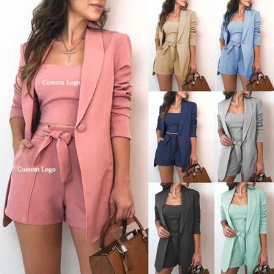 China Anti-pilling 2022 work out women pink blazer tank top shorts 3 piece with belt set ladies suits onjuntos mujer blazers for sale