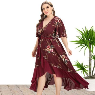 China V neckline till ankle plus size 5XL anti-static floral ruffled peplum irregular bohemian maxi lehenga skirt women african dress for sale