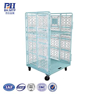 China Large Steel Roll Container Warehouse Collapsible Collapsible Storage Roller Pallet Cage Trolley for sale