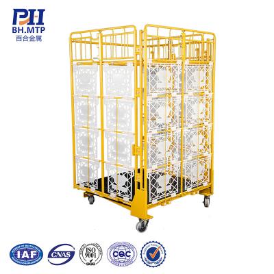 China Collapsible Transport Foldable Adjustable Height Rolling Mesh Pallet Warehouse Roll Wire Cage Trolley with Wheels for sale