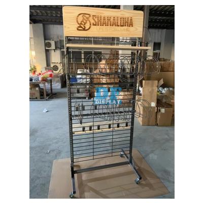 China BSS022 Metal Floor Display Rack Double Stocked Sided Caps Stand With Hooks Floor Caps Rack With Logo On Top for sale