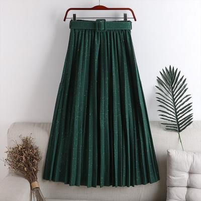 China Breathable Women Midi A-Line Swing Flared Plain Skirt Elastic High Waist Sparkly Casual Pleated Skirt With Belt for sale