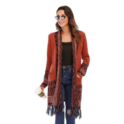 China Elegant QUICK DRY Autumn Winter Long Bohemian Knit Women's Casual Cardigan Sweater With Tassel For Women for sale