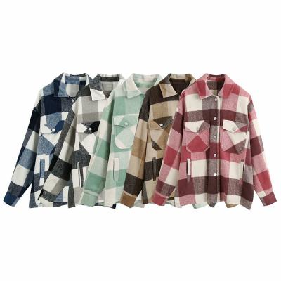 China Reversible Oversized Chic Collar Pocketplaid Coat Wool Plaid Vintage Women's Long Sleeve Shirts Jacket Jacket for sale