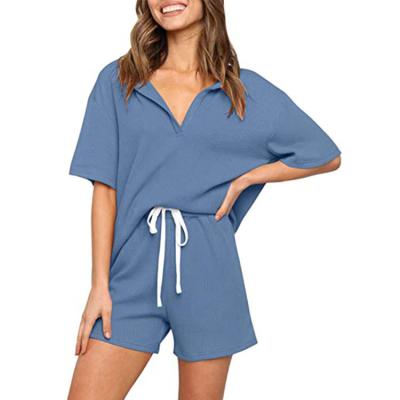 China 2022 Solid Color Short Sleeve Cotton Sleepwear Pajamas Women Breathable Casual Home Wear Set Pajamas for sale