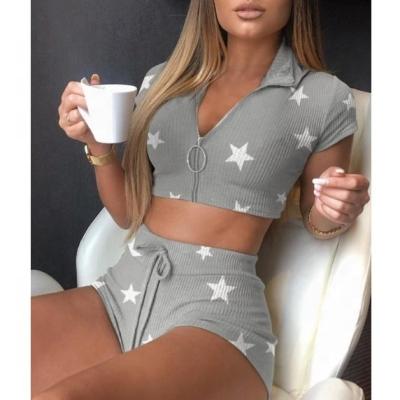 China Breathable Sexy 2 Pcs Sets Homewear Women Full Zipper Crop Ladies Star Printing Lapel Knit Suit Lounge Sets Women for sale