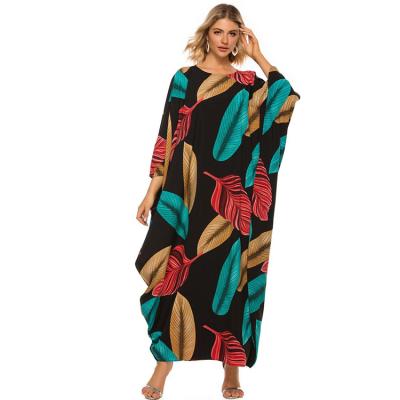 China Anti-wrinkle Leaf Printing Bat Sleeve Loose Colorful Maxi Puls Size Women Bohemian Ladies Dresses 2022 for sale