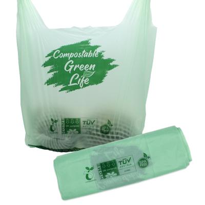 China Virgin Raw Material Printed Pure Waste Plant-Based Compostable Groceries Kitchen Cornstarch Plastic T-Shirt Shopping Bag for sale