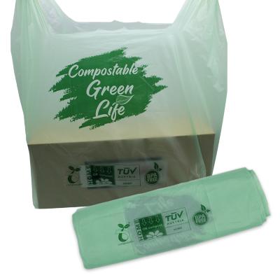 China Virgin Raw Material Cornstarch Eco Friendly Compostables Green T-shirt Packing Bio Degradable Plastic Shopping Carrier Bags for sale