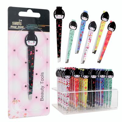 China Eyebrow Stainless Steel Eyebrow Tweezers Tweezers In Colorful Japanese Doll Shape for sale