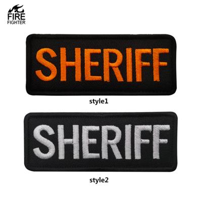 China Eco-Friendly Regular Sheriff Embroidery Fabric Cloth Patch Black and Gold for Tactical Uniform Flat Carrier Jacket Police Vest Back Panel for sale