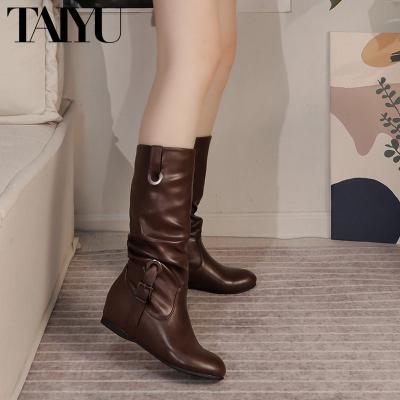 China Trend Breathable Height Increasing Fashion Boots Shoes Customized Women's Midi High Heel PU Ladies Leather Boots for sale