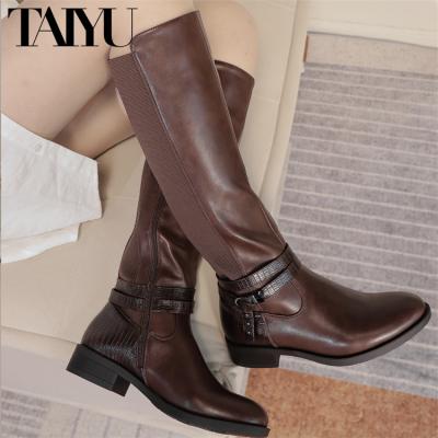 China Brown PU Leather Boots Women Winter Ladies Knee High Boots Breathable Fashionable Premium High Low Heel Boot for sale