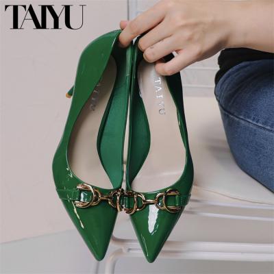 China Manufacturer Breathable Supply Fashion Ladies Pumps Women Shoes Green Leather Headed Toe High Heels Shoes For Women for sale