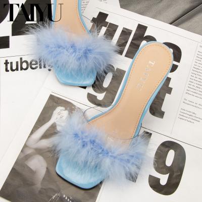 China Factory direct fashion trend square-toe fluffy outdoor slippers plush high heels slides custom slippers for sale