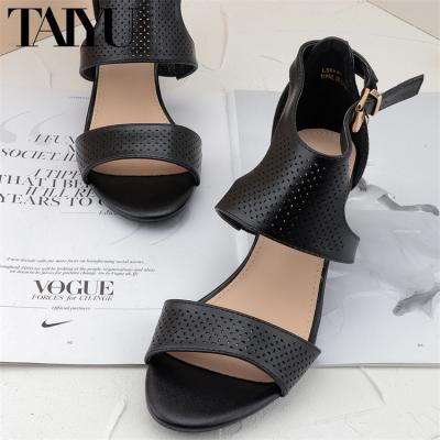 China Hot Selling 2022 Fashion Trend High Heels Black Blue Red Shoes Hollow Out Sandals Wide Straps Wedge Sandals for Women and Ladies for sale