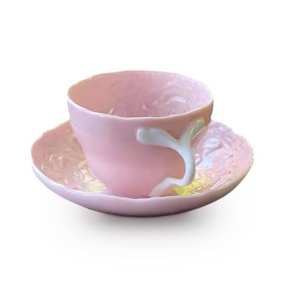 China Viable Chinese Wholesale Beauty Girl Fishtail Handle Embossed Rose Porcelain American Style Latte Coffee Mug Set for sale