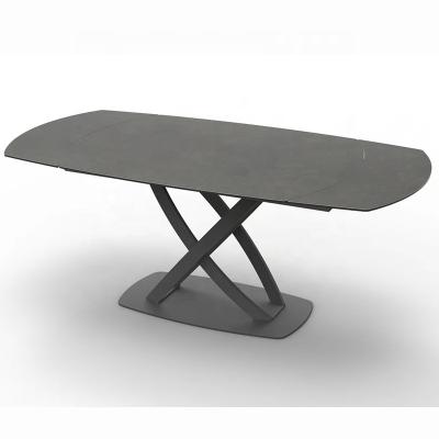 China 2023 Hot Selling Modern Luxury Rectangular Gray Sintered Stone Foldable Stone Table Tops Rotating Dining Table With Black Carbon Steel Leg for sale