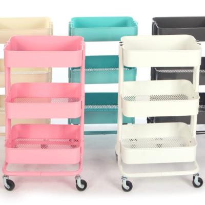 China Movable With Wheels 3 Tier Iron Kitchen Cart Movable Colorful Storage Cart With Universal Wheels for sale