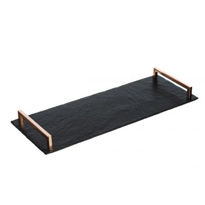 China Minimalist Rectangular Low Price Promotion Food Metal Fruit Black Handle Slate Brass Tray for sale