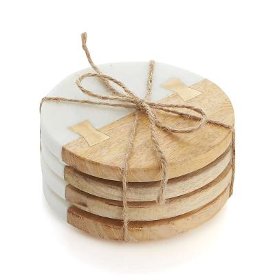 China Minimalist Hot Selling High-end Quality 4 in Mango Desktop Decorative Wooden Marble Tray Drink Coaster 4 Set for sale