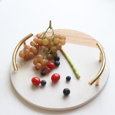 China Modern Creative Round Western Acacia Marble Round Steak Food Dish Dessert Tea Splicing Tray Simplicity Tray With Metal Handles for sale