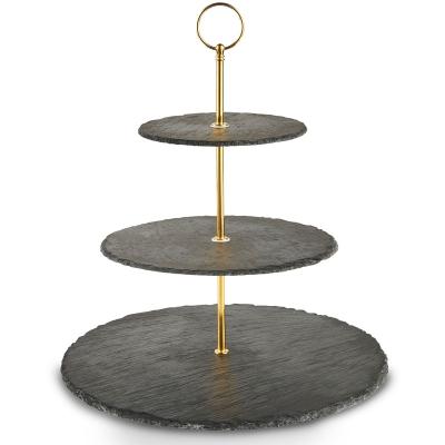 China Sustainable freebie price gold metal bracket self-service dessert display stand black three-layer cake stand slate for sale