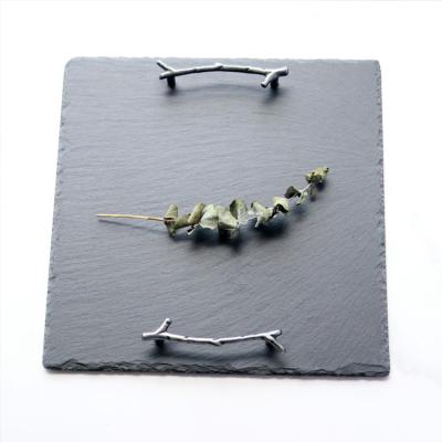 China Sustainable Chinese Black SLATE Square Slate Board With Metal Handle Slate Cheese Board for sale