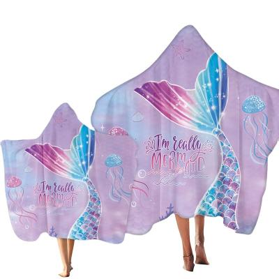 China New high quality mermaid hooded bath towel safe for kids,quick dry microfiber portable hood beach towel for sale