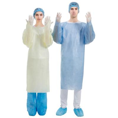 China Cheap water proof blue yellow disposable cpe isolation gown SMMS protective gown for sale